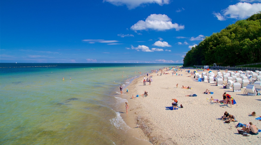 Sellin Pier showing a sandy beach and general coastal views as well as a small group of people