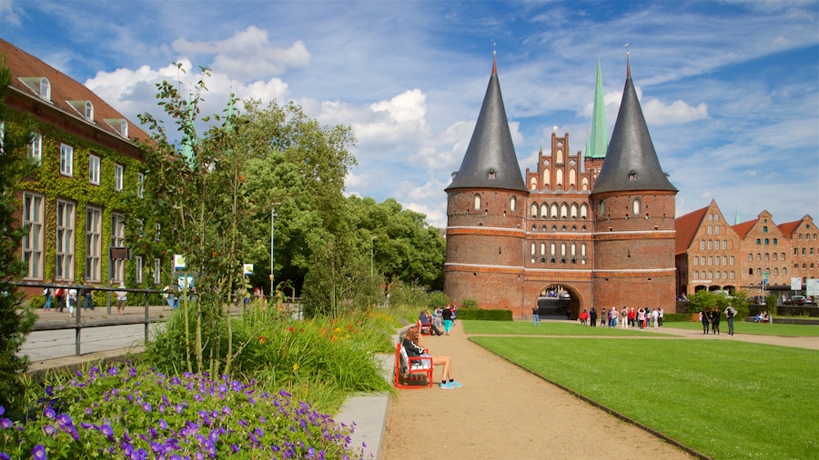 Museum Holstentor welches beinhaltet Garten, historische Architektur und Wildblumen