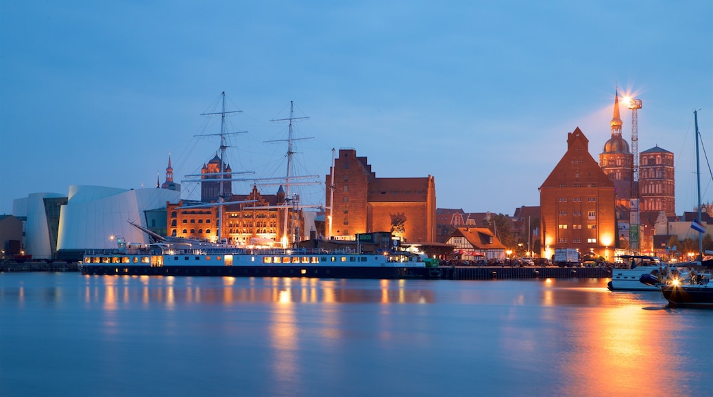 Stralsund Harbour showing night scenes and a bay or harbour