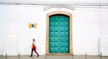 Paróquia Nossa Senhora da Assunção de Cabo Frio mostrando elementos de patrimônio e cenas de rua assim como uma mulher sozinha