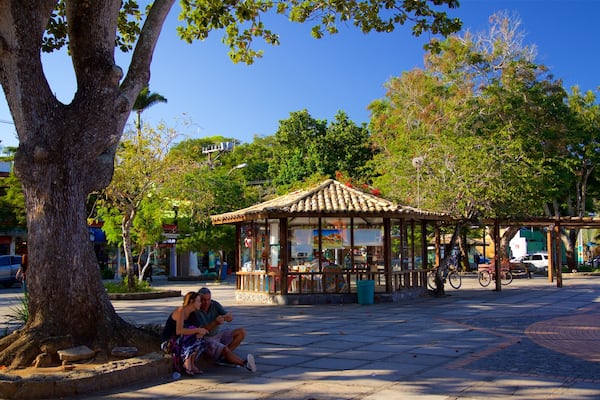 Santos Dumont Square showing a small town or village as well as a couple