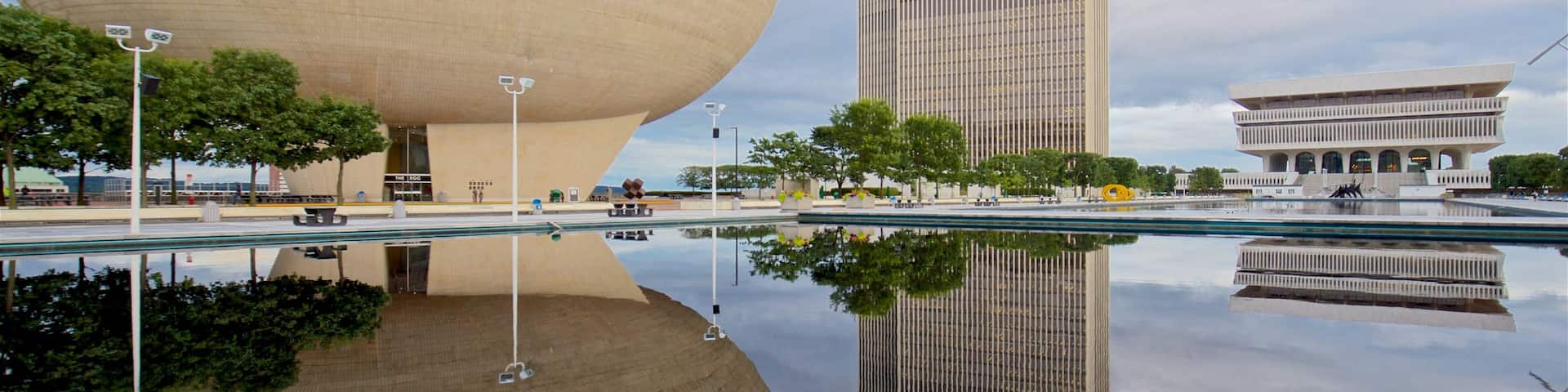 Governor Nelson A. Rockefeller Empire State Plaza featuring modern architecture, a pond and a high rise building