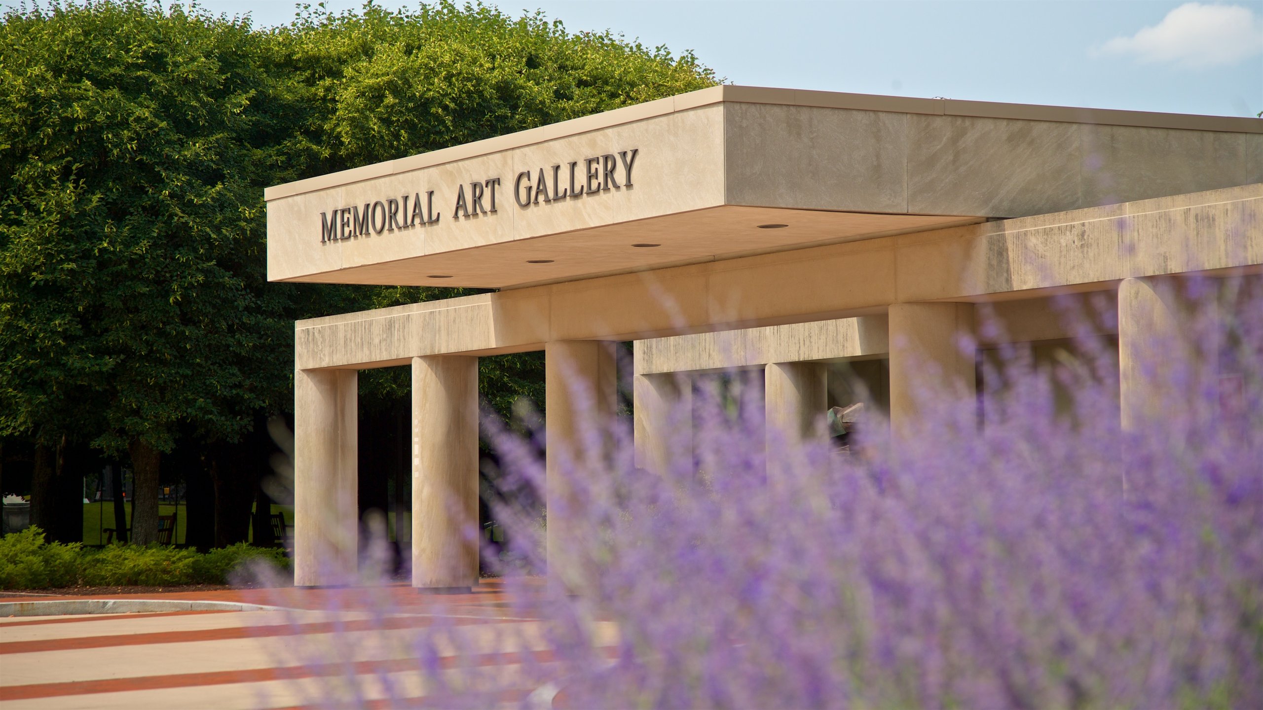 Memorial Art Gallery which includes signage and wildflowers