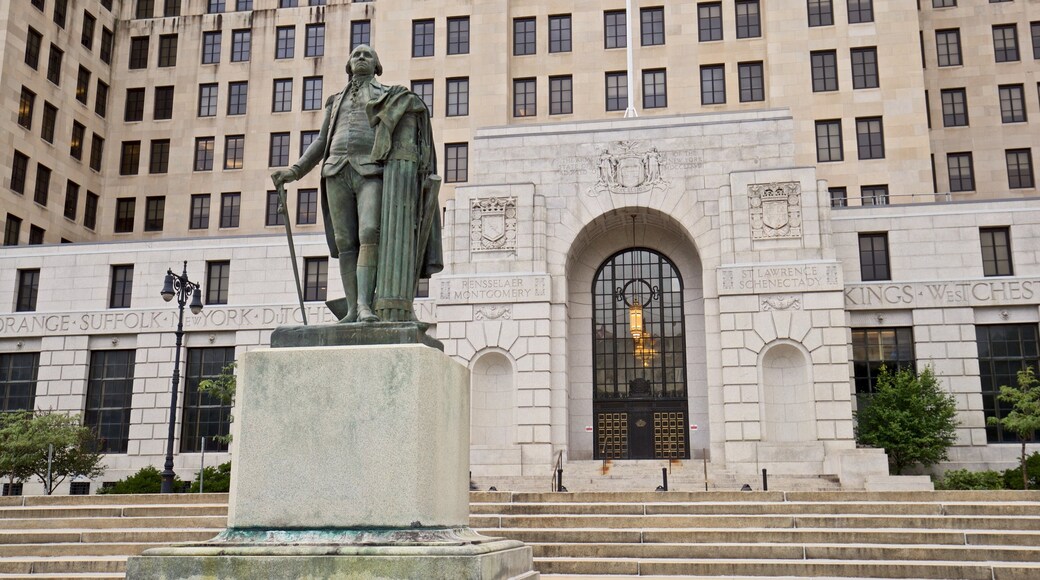 Alfred E. Smith State Office Building which includes modern architecture and a statue or sculpture