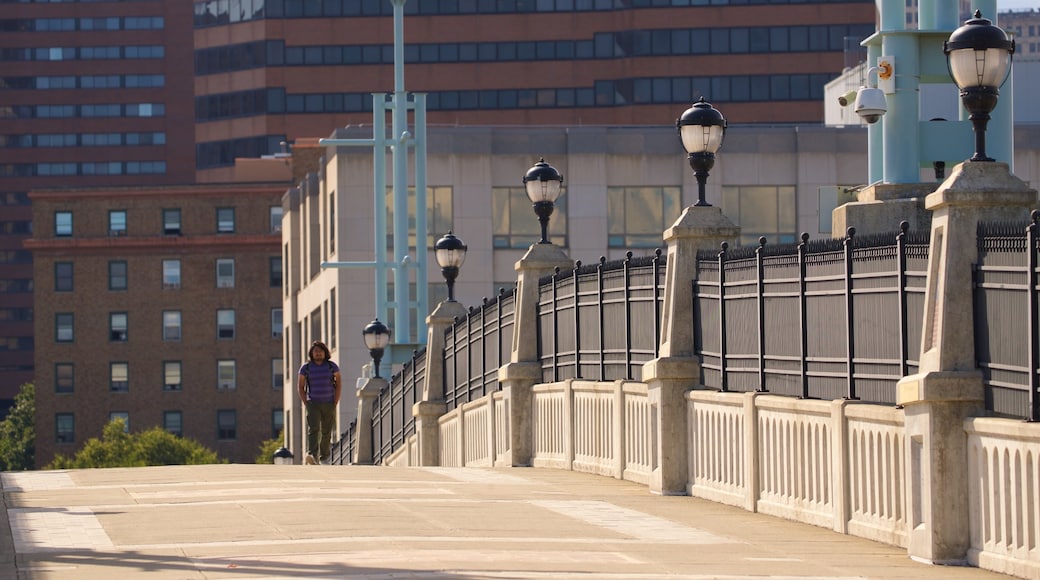 Hudson River Way showing a bridge and a city as well as an individual male