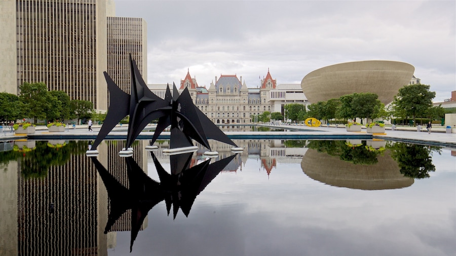 Governor Nelson A. Rockefeller Empire State Plaza showing a skyscraper, outdoor art and a city