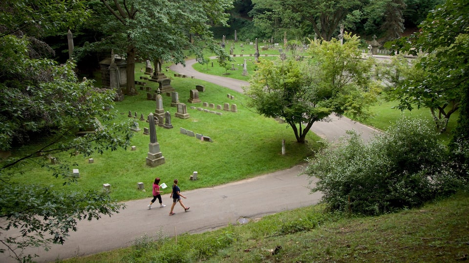 Mount Hope Cemetery showing a cemetery and hiking or walking as well as a couple
