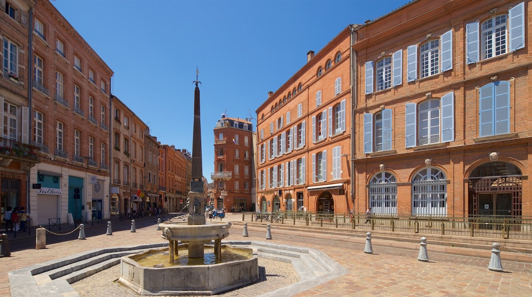 Saint Etienne Cathedrale featuring a fountain and a city