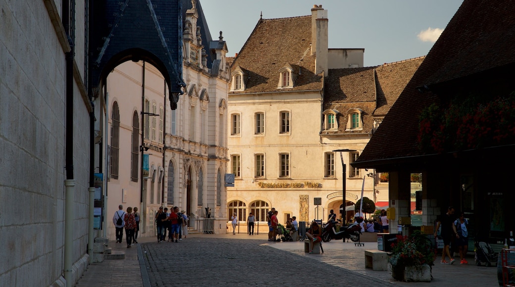 Hotel Dieu showing street scenes as well as a small group of people