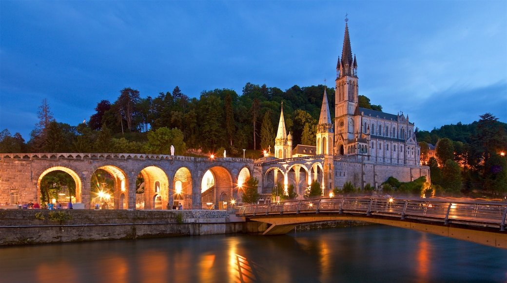 Basílica de Nuestra Señora de la Inmaculada Concepción de Notre Dame que incluye un río o arroyo, escenas nocturnas y un puente