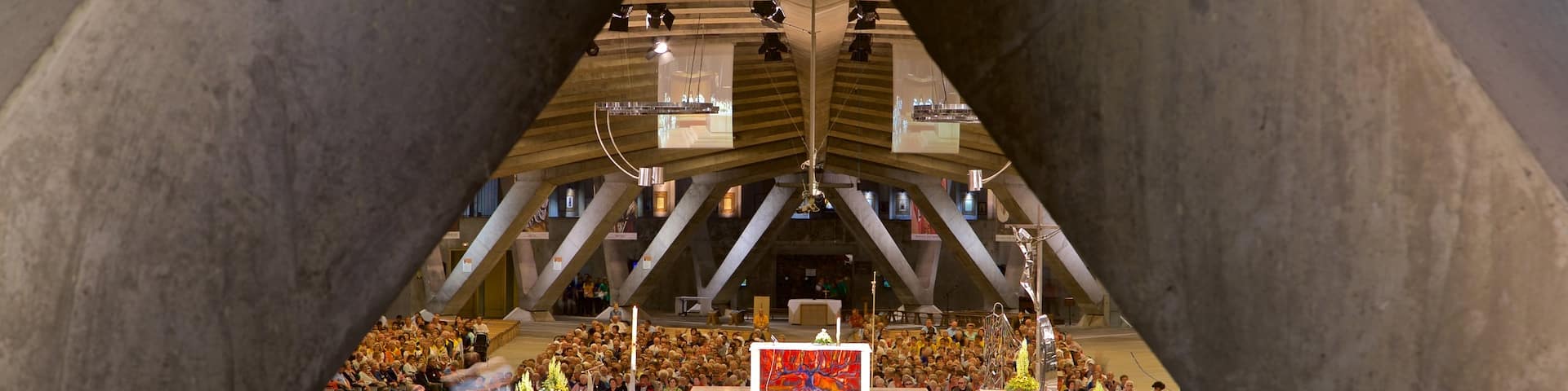 Basilica of St. Pius X showing a church or cathedral and interior views as well as a large group of people