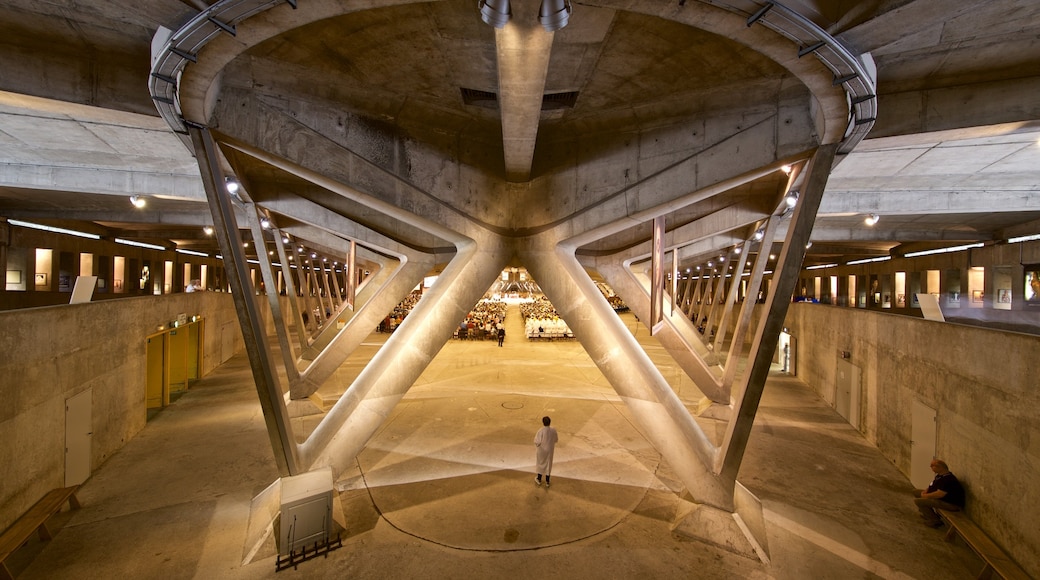 Basilique Saint-Pie X toont interieur en een kerk of kathedraal en ook een man