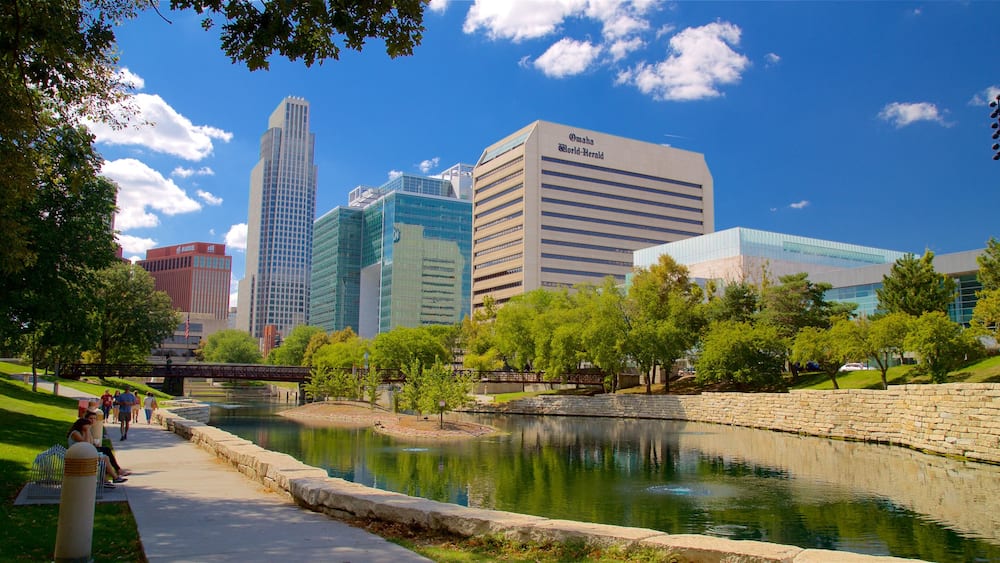 Omaha which includes a city, a skyscraper and a river or creek