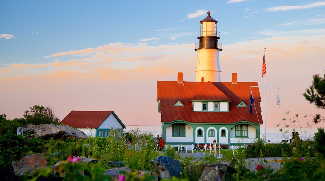 Portland Head Light showing a lighthouse and a sunset