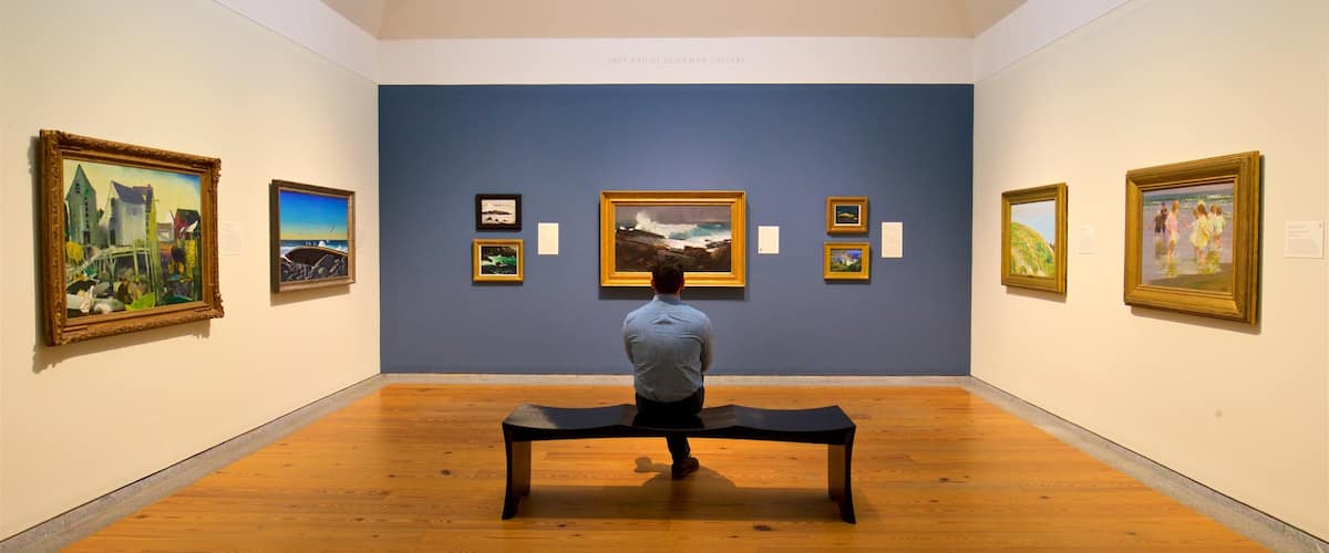 Portland Museum of Art featuring art and interior views as well as an individual male