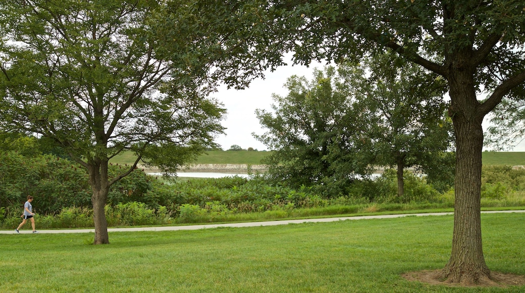 Zorinsky Lake Park qui includes jardin et randonnée ou marche à pied aussi bien que femme