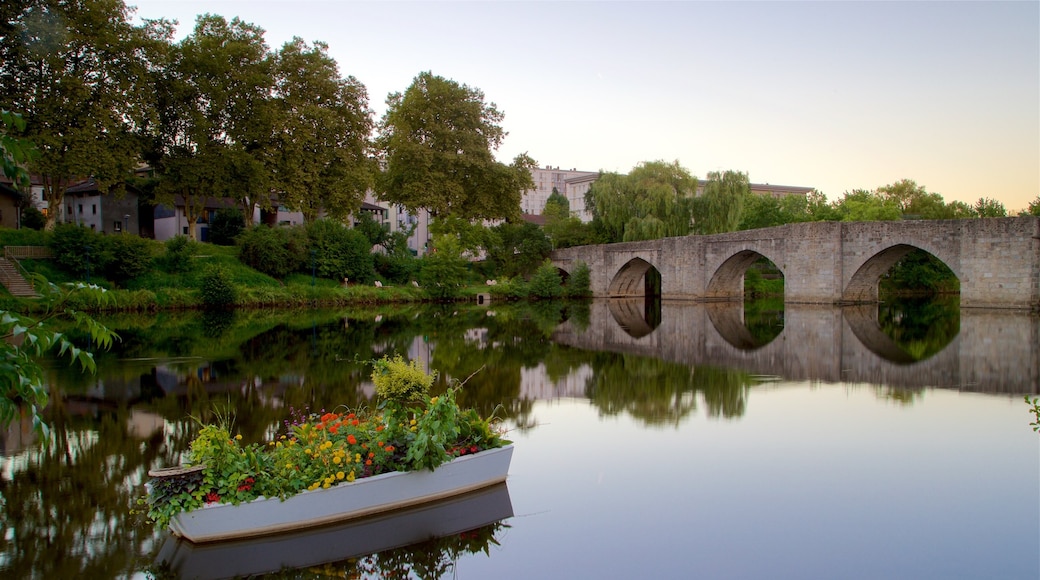 Limoges toont een brug, een rivier of beek en wilde bloemen