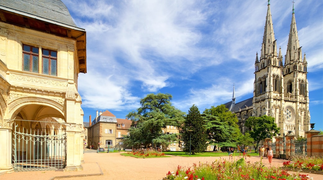 Catedral de Moulins que inclui arquitetura de patrimônio, uma igreja ou catedral e um parque