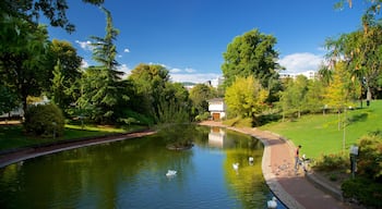 Jardin Lecoq som visar en å eller flod, fåglar och en trädgård