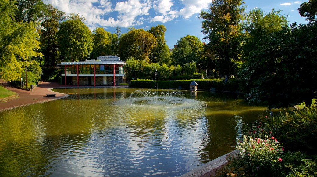 Jardin Lecoq showing a fountain and a pond