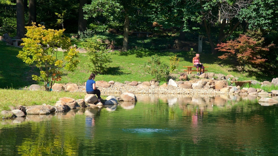 Dubuque Arboretum and Botanical Gardens featuring a park and a pond as well as an individual femail