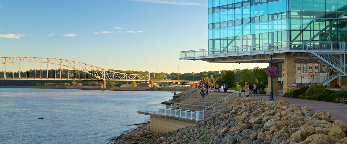 Dubuque featuring a sunset, a bridge and a river or creek