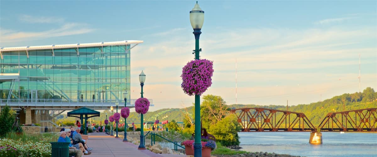 Dubuque which includes a bridge, flowers and modern architecture