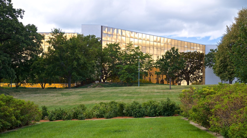 Iowa State Capitol Building showing modern architecture and a garden