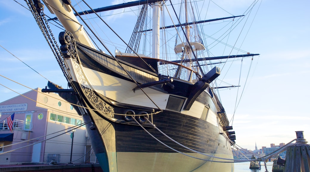 USS Constellation showing boating, a bay or harbor and a marina