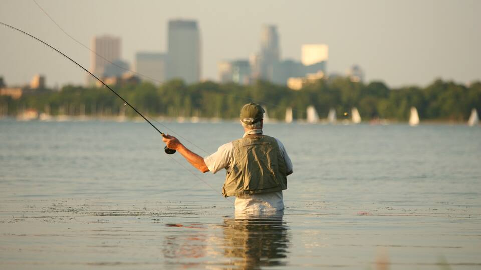 Lake Calhoun showing landscape views, fishing and a lake or waterhole