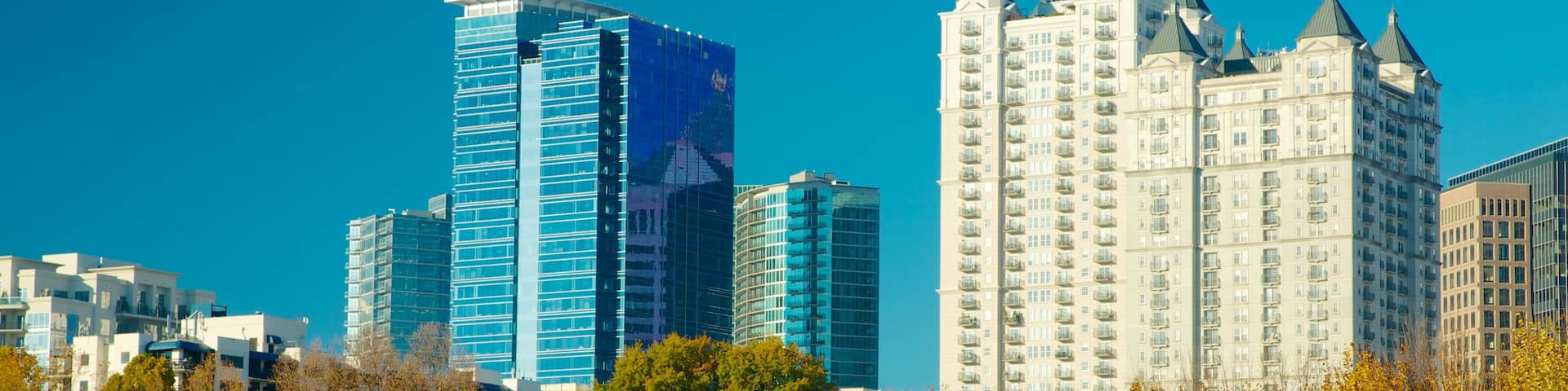 Piedmont Park ofreciendo una ciudad, un edificio de gran altura y hojas de otoño
