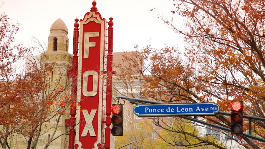 Exterior view of the Fox Theatre with iconic signage in Atlanta, Georgia.