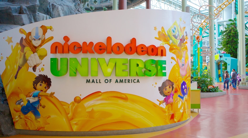 Nickelodeon Universe featuring signage and central business district