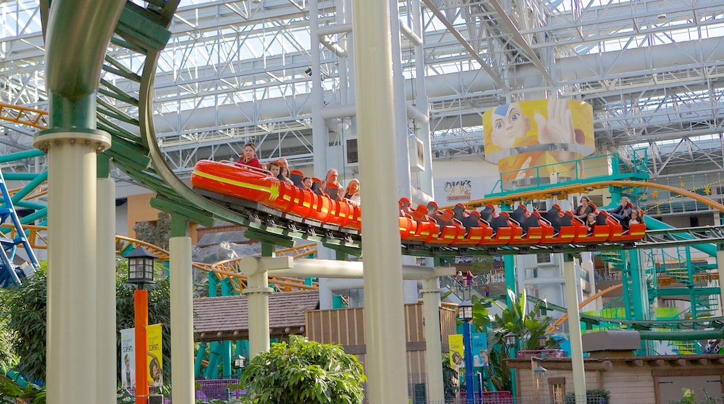 Nickelodeon Universe showing rides and interior views