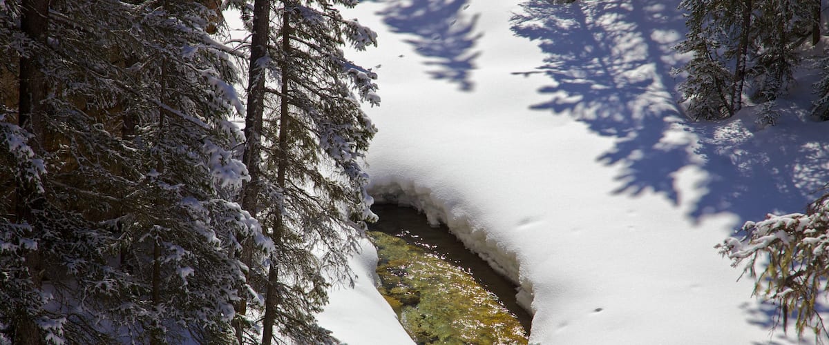 Johnston Canyon which includes snow, a gorge or canyon and forests
