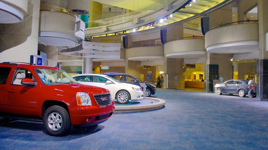 GM Renaissance Center which includes a high-rise building and interior views