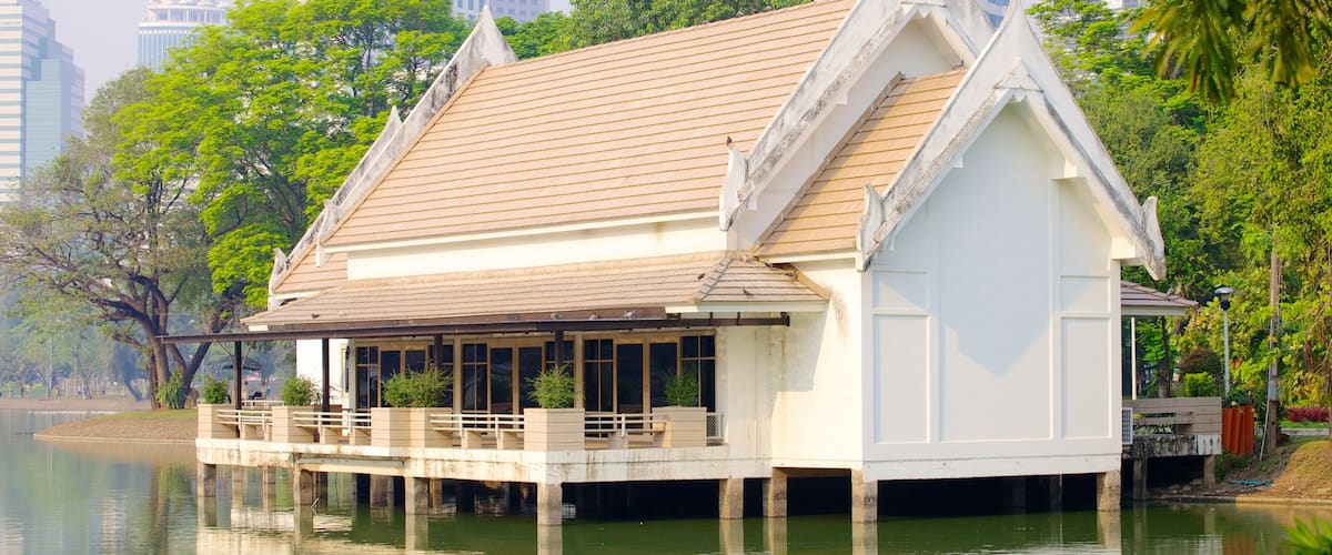 Lumpini Park featuring a garden, a city and a lake or waterhole