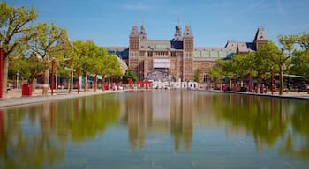 Rijksmuseum showing a pond, views and a city