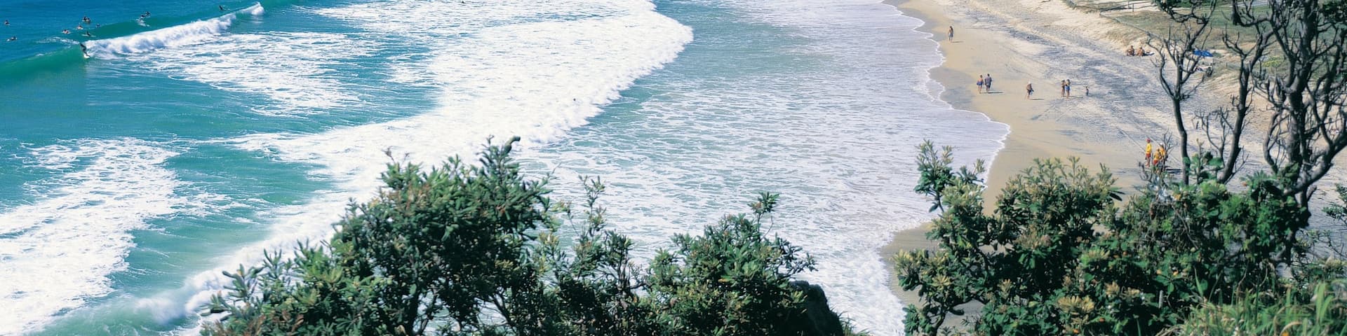 Burleigh Beach welches beinhaltet tropische Szenerien, Sandstrand und Stadtansicht