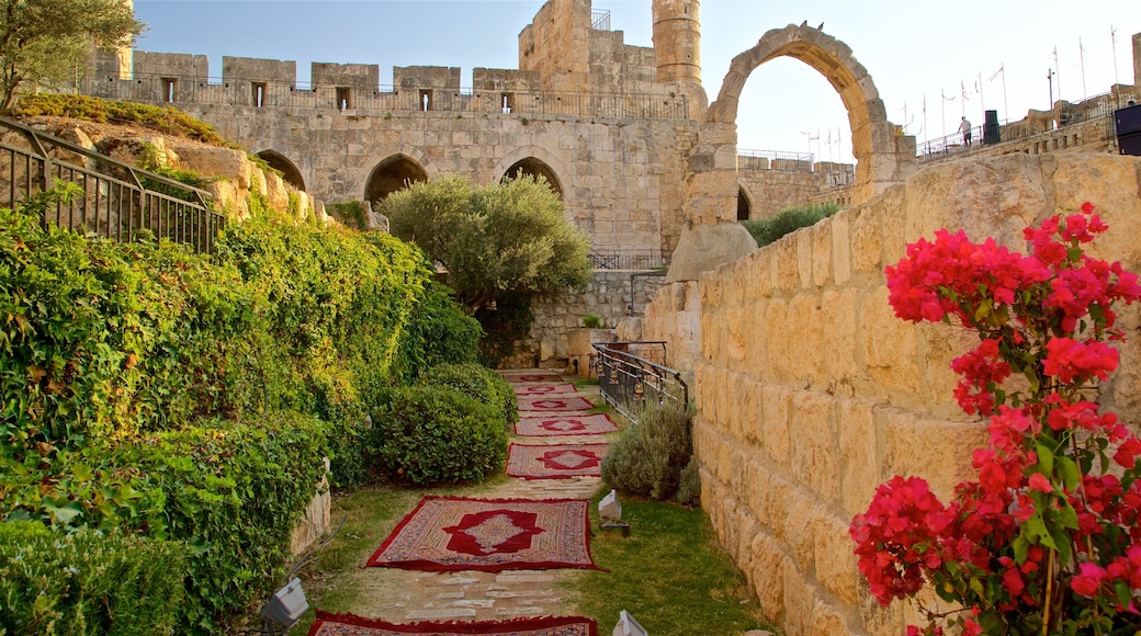 Museo de la torre de David de la historia de Jerusalén que incluye elementos del patrimonio, un jardín y flores