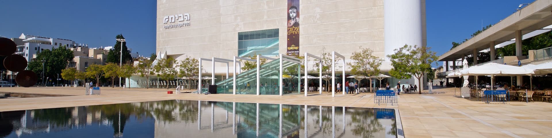 Habima Theatre featuring a pond and a city