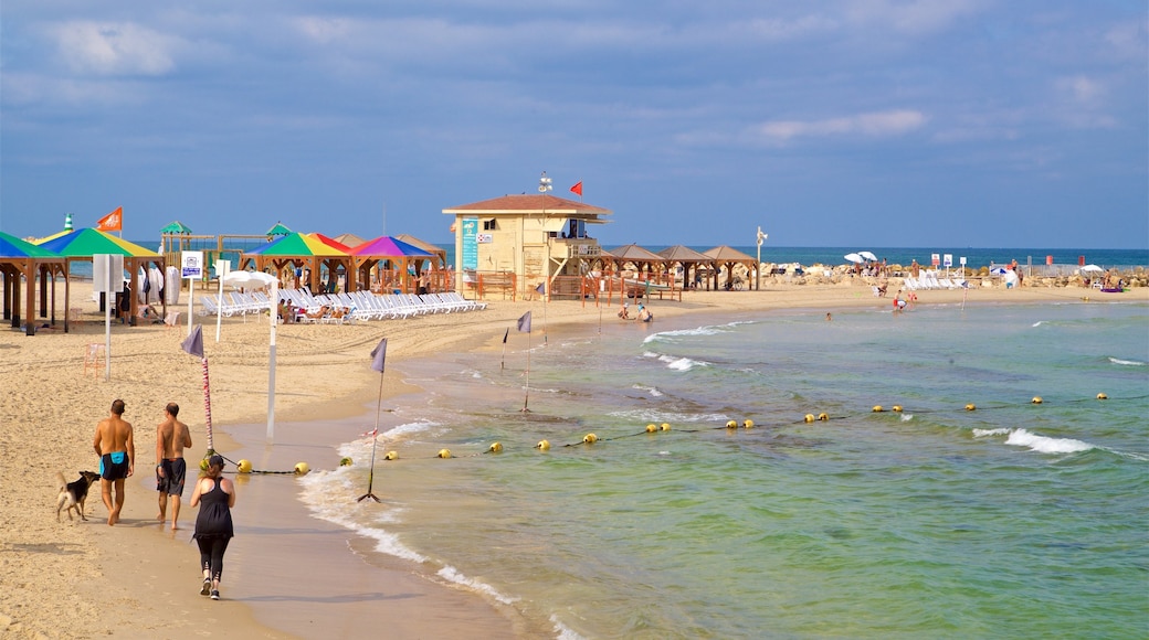 Lahat Promenade showing a sandy beach and general coastal views as well as a small group of people