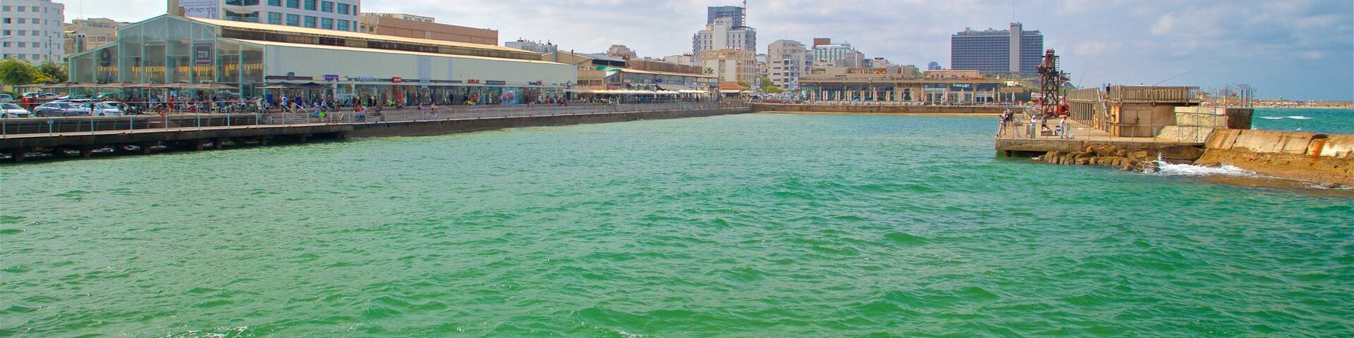 Old Tel Aviv Port which includes a coastal town and a bay or harbor