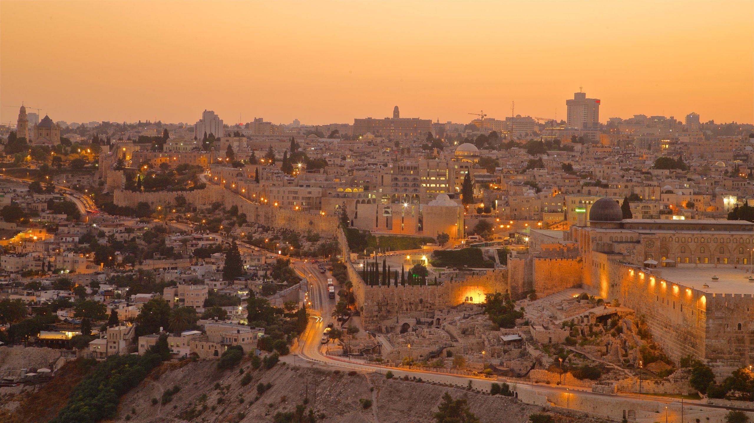 Mount of Olives which includes landscape views, a sunset and a city