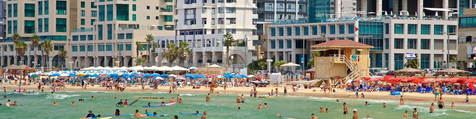 Tel Aviv which includes swimming, a coastal town and a city