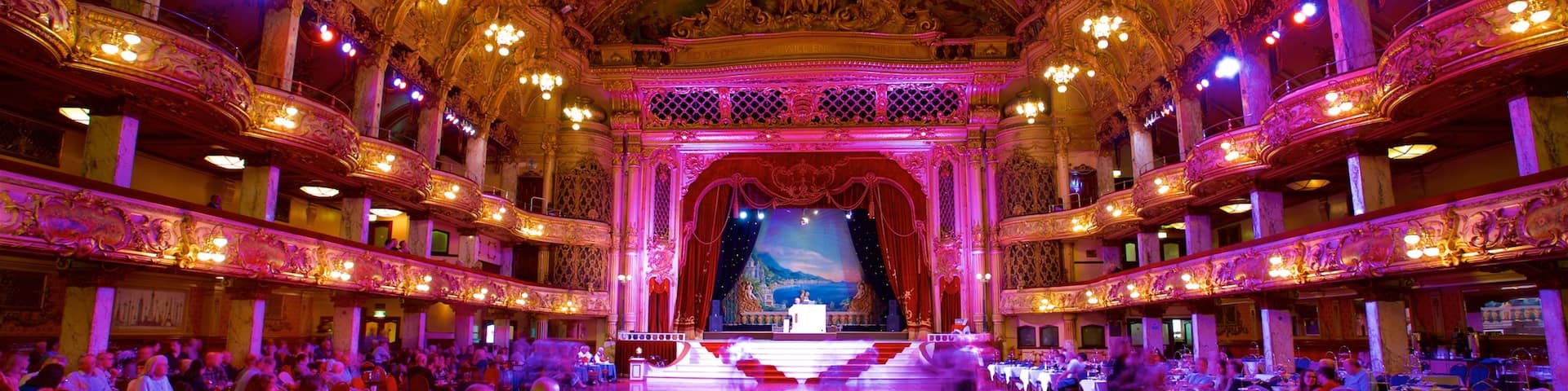 Blackpool Tower Ballroom which includes performance art, interior views and theater scenes