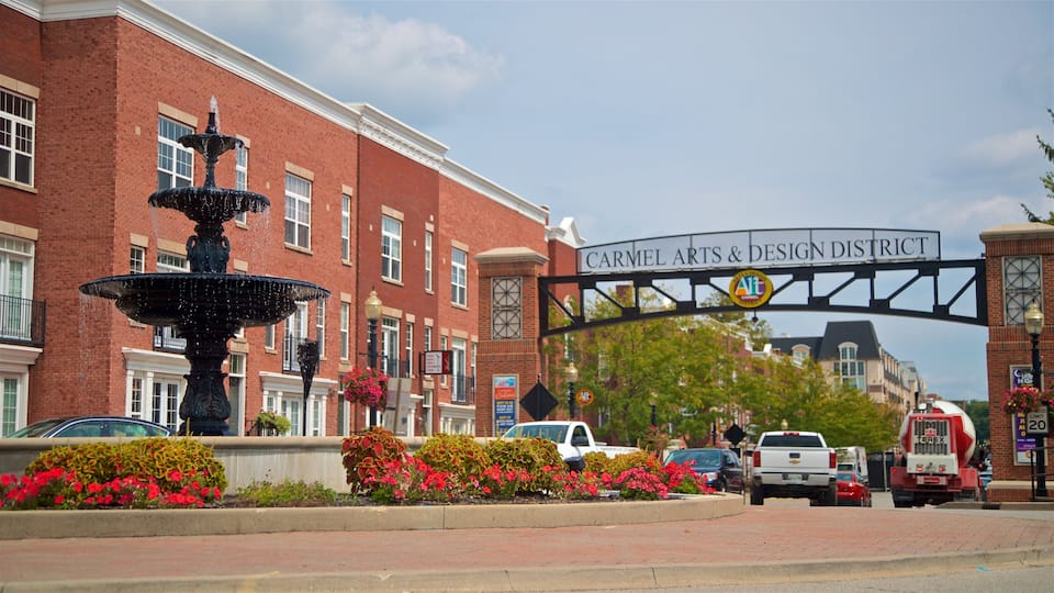 Carmel Arts and Design District showing flowers, a fountain and signage