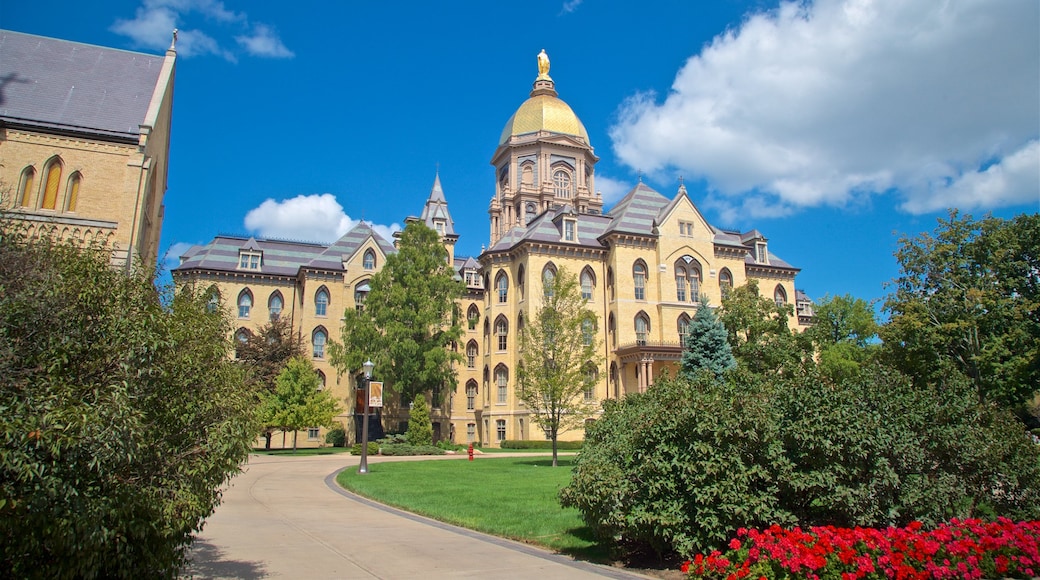 University of Notre Dame showing a church or cathedral, heritage architecture and wild flowers