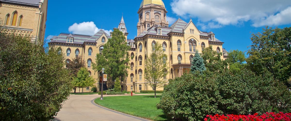 University of Notre Dame which includes wildflowers, a church or cathedral and a garden