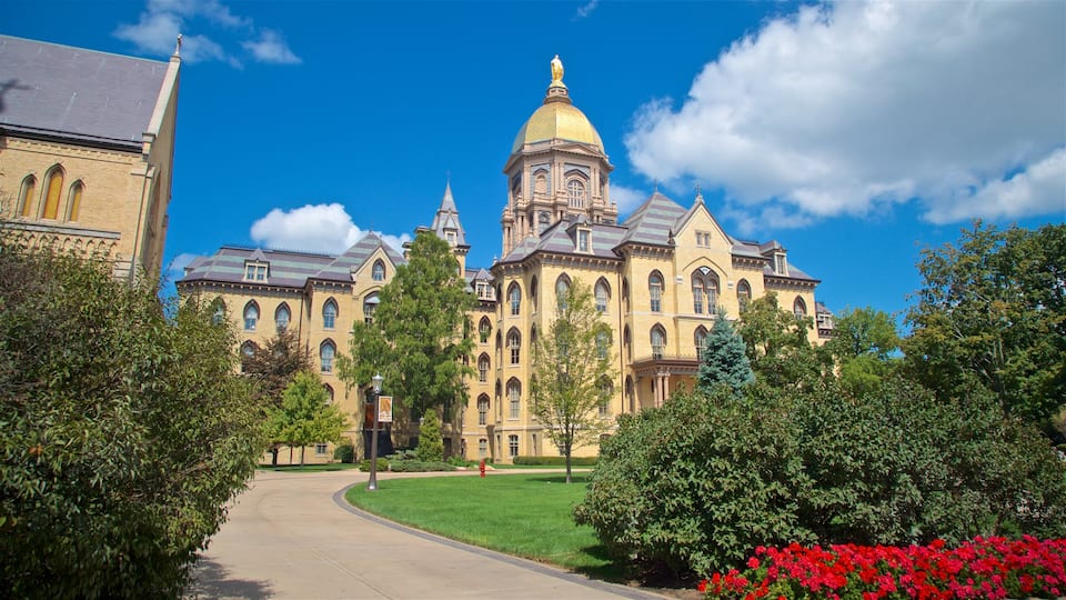 University of Notre Dame mostrando una iglesia o catedral, patrimonio de arquitectura y flores silvestres